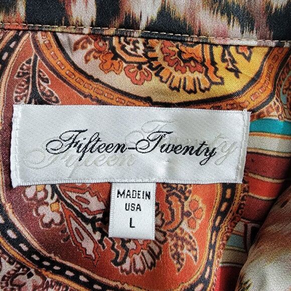 Vintage Fifteen-Twenty Silk Popover Blouse Multicolor Suede Cuffs Sz L USA Made - Picture 3 of 14